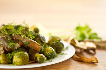 Brussels sprouts roasted with mushrooms and onionsの写真素材