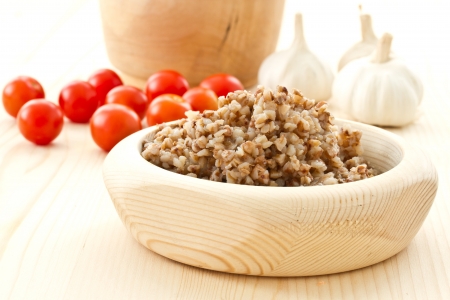 buckwheat cooked breakfast in a wooden bowlの写真素材