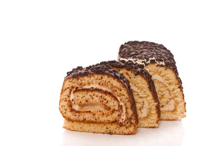 Sweet roll with filling on white backgroundの写真素材