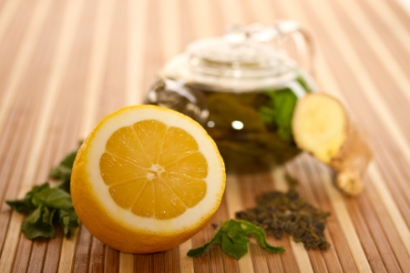 fresh lemon, mint and tea for the beverageの写真素材