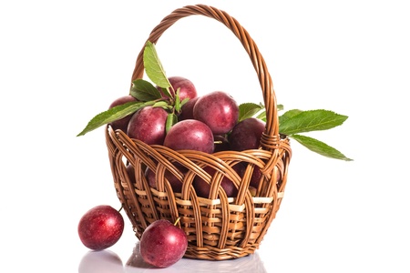 Fresh ripe plums in a basket on a white backgroundの写真素材