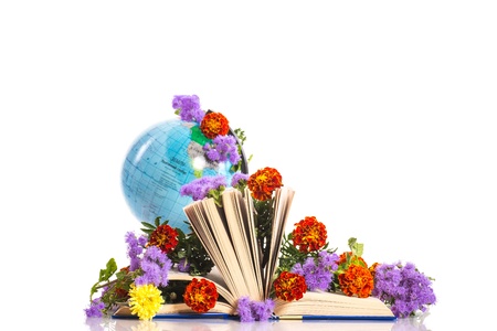 bouquet of flowers and a globe on the day the teacherの写真素材