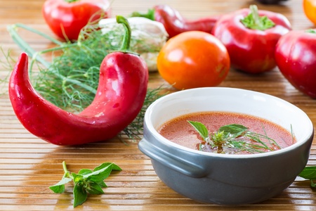 vegetable soup with tomatoes and hot peppersの写真素材