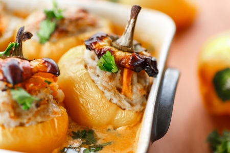 stuffed with meat and rice with roasted pepper sauceの写真素材