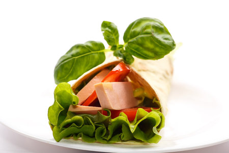 roll of pita with lettuce, salami and tomatoesの写真素材