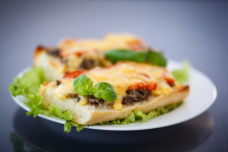 Baked bruschetta with mushrooms, tomatoes and cheeseの写真素材
