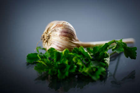 fresh bunch of parsley and garlic on a black backgroundの写真素材