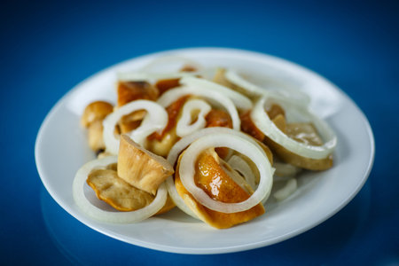 marinated mushrooms and onions in a plate on a blue background