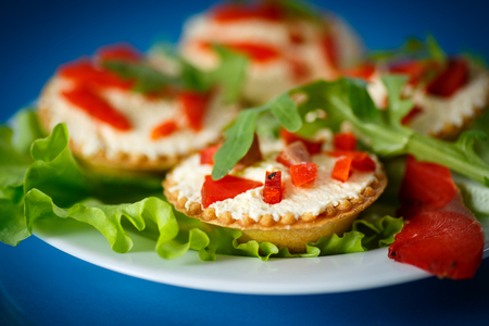 tartlets filled with red fish on a blue backgroundの写真素材