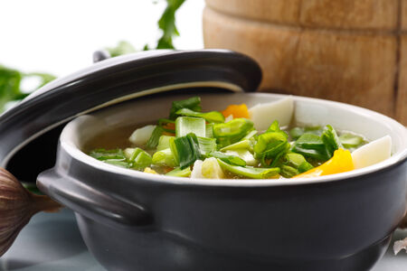 vegetable soup with green onion and egg on a white backgroundの写真素材