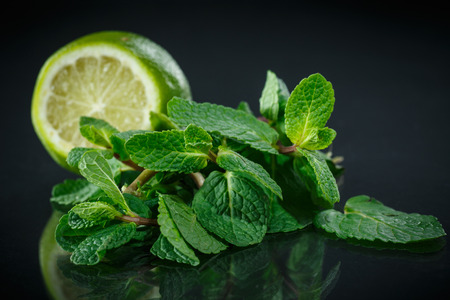fresh bunch of mint and lime on black backgroundの写真素材