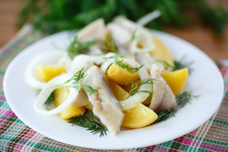 salted herring with boiled potatoes and dill on a plateの写真素材