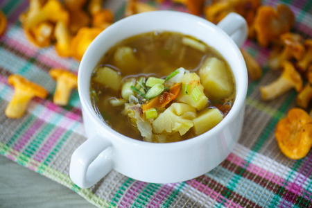 vegetable soup with chanterelle mushrooms in a bowl on the tableの写真素材