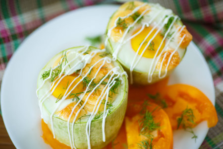 zucchini baked inside with egg and cheeseの写真素材