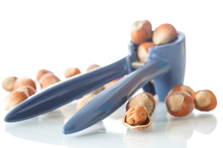 many hazelnuts with nutcrackers on a white background