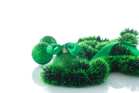 Christmas tree ornaments and balls on a white backgroundの写真素材