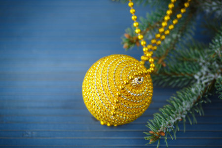 Christmas tree with ornaments  on the wooden tableの写真素材