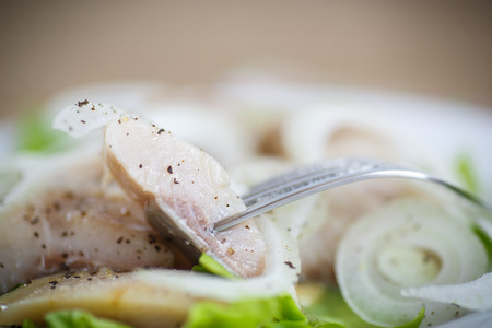pieces of salted herring with onions and spicesの写真素材