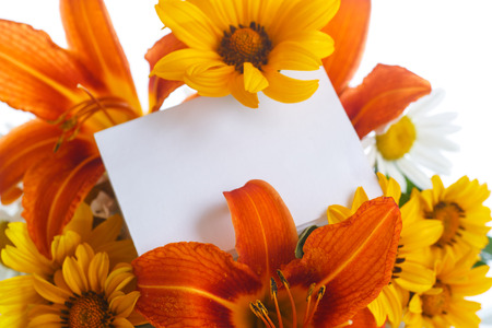 bouquet of yellow and white daisies on a white backgroundの写真素材