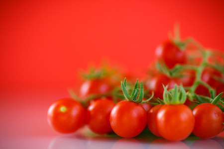 small cherry tomatoes on a red backgroundの写真素材