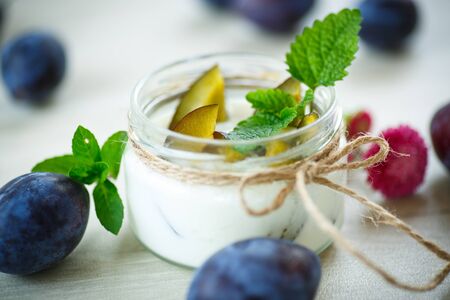 sweet milk yogurt with fresh plums in a glass jarの写真素材
