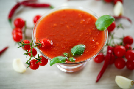 natural homemade sauce of tomatoes, peppers and vegetablesの写真素材