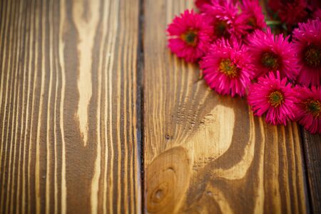 bouquet of red chrysanthemums on a wooden tableの写真素材