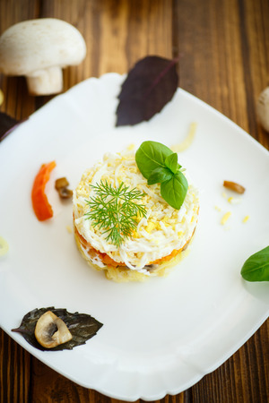 layered salad with mushrooms and vegetables in a bowlの写真素材