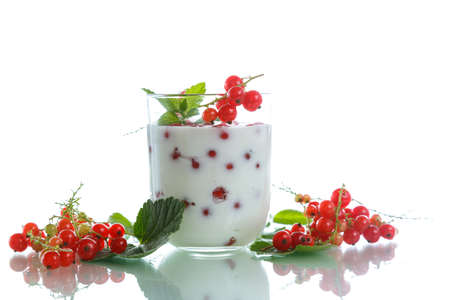 sweet homemade yogurt with red currants on a white backgroundの写真素材