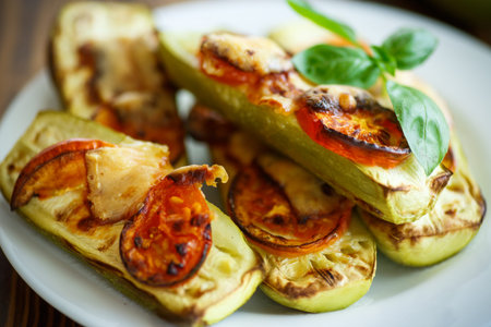 zucchini baked with tomatoes and cheese on a plateの写真素材