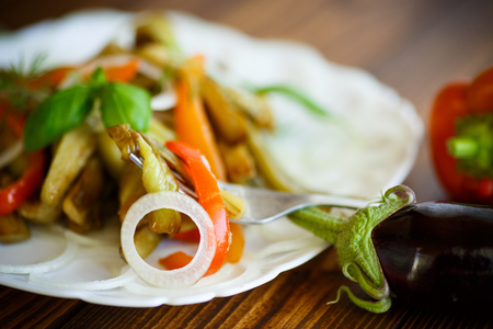 warm salad of roasted eggplant with peppers and onionsの写真素材