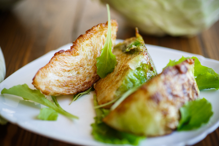 cabbage pieces fried in batter with salad on a plateの写真素材
