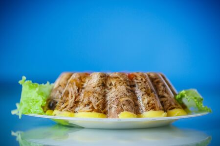 jellied meat with vegetables on a blue backgroundの写真素材