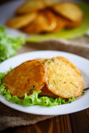 fried potato pancakes with dillの写真素材