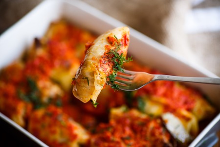 Stuffed cabbage rolls with rice and meatの写真素材