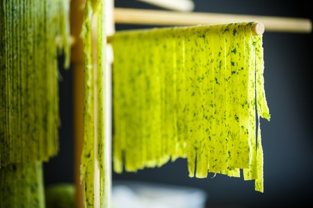 Homemade noodles green with greensの写真素材