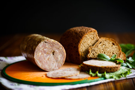 A sandwich with homemade sausage and rye breadの写真素材