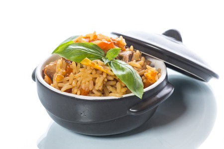 Pilaf with beef, carrots, onions, garlic, pepper and cumin.の写真素材