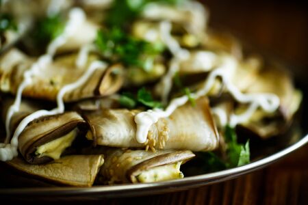 Rolls of eggplant with cheese fillingの写真素材