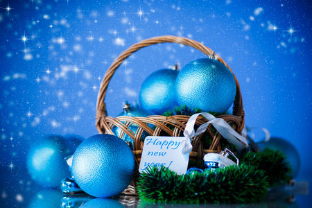 beautiful new year toys on an abstract blue backgroundの写真素材