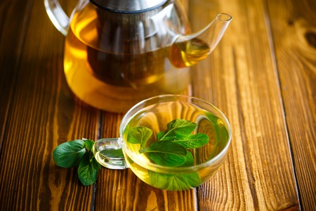 hot green tea with fresh mintの写真素材