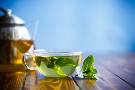hot green tea with fresh mintの写真素材