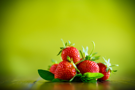 ripe red organic strawberry on a green backgroundの写真素材