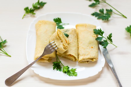 thin fried pancakes stuffed with stewed cabbageの写真素材