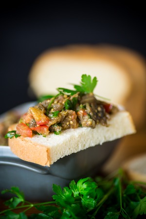 eggplant caviar with tomatoes and a slice of bread on a wooden tableの写真素材