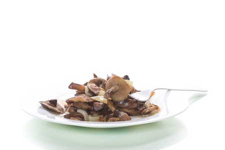 boletus mushrooms fried with onions in a plateの写真素材