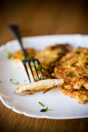 pork fillet chop fried in batter, in a plateの写真素材