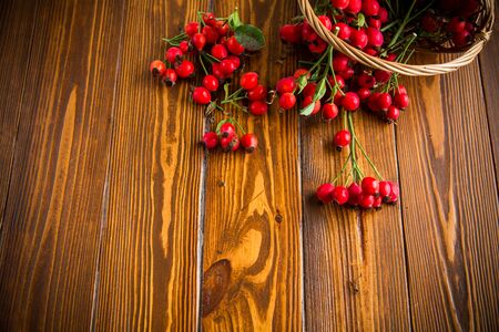 ripe red dogrose in a basket on a wooden tableの写真素材