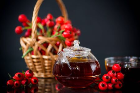 hot tea from medicinal fruits of red ripe rosehip, isolated on black backgroundの写真素材