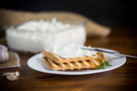 fried toast bread with garlic curd filling on a wooden tableの写真素材